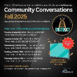 Flyer for Community Conversations Fall 2025 with District 19 schools, listing dates, schools, and prize info including a 40+ inch flat screen TV and cash prizes. Events run from 5-7PM.